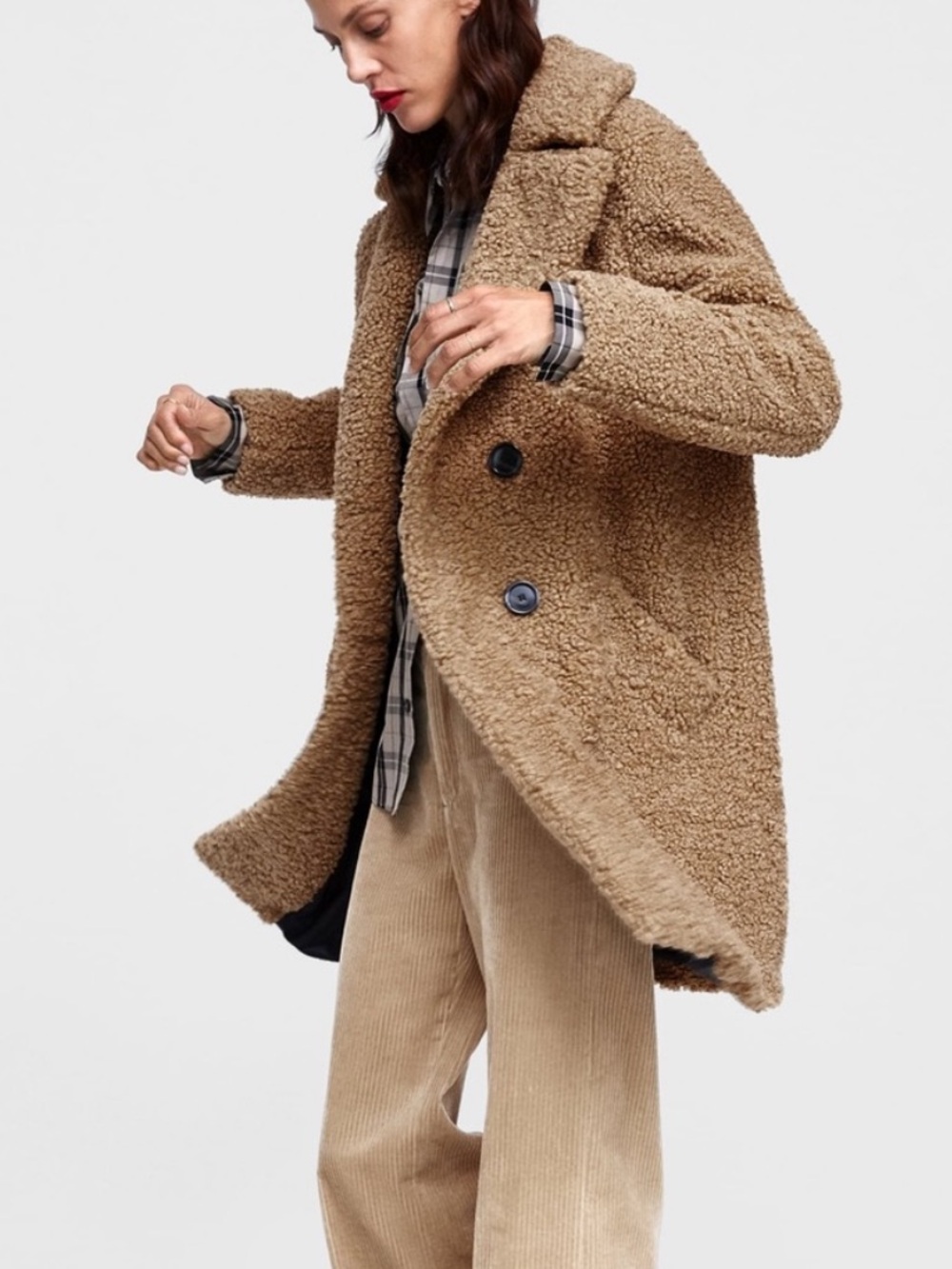 Zara Tan Camel Teddy Bear Faux Shearling Double-Breasted Coat XS